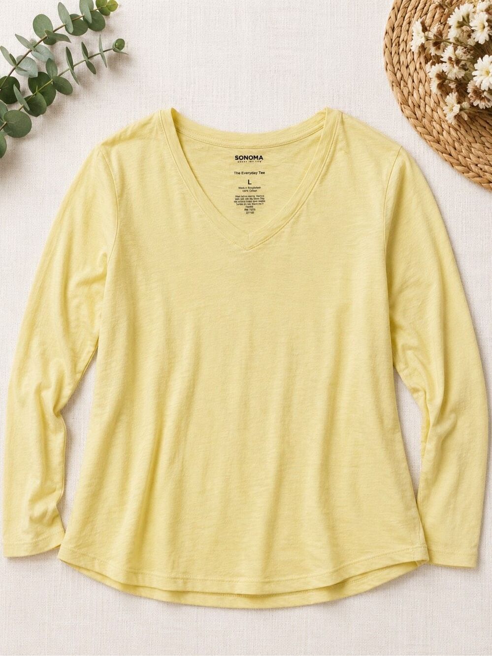 Sonoma Women L Yellow V Neck Long Sleeve Cotton Tee Casual Basic Layering Top